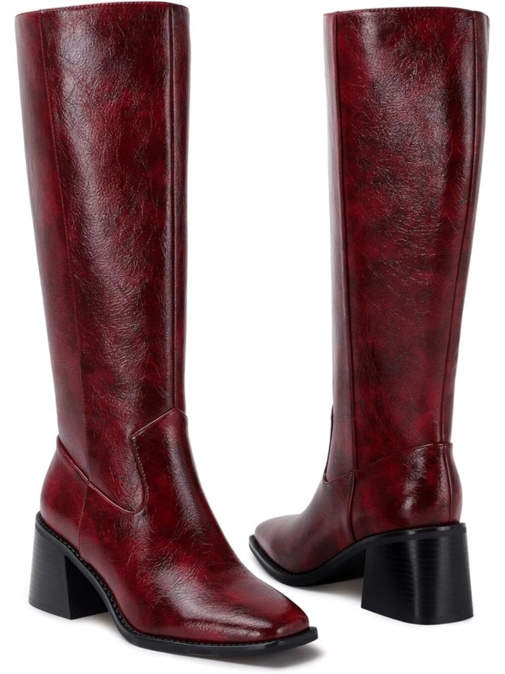 Women's Red Polyurethane Knee High Boots Squared Toe Chunky Heel Tall Boots - Picture 6 of 6